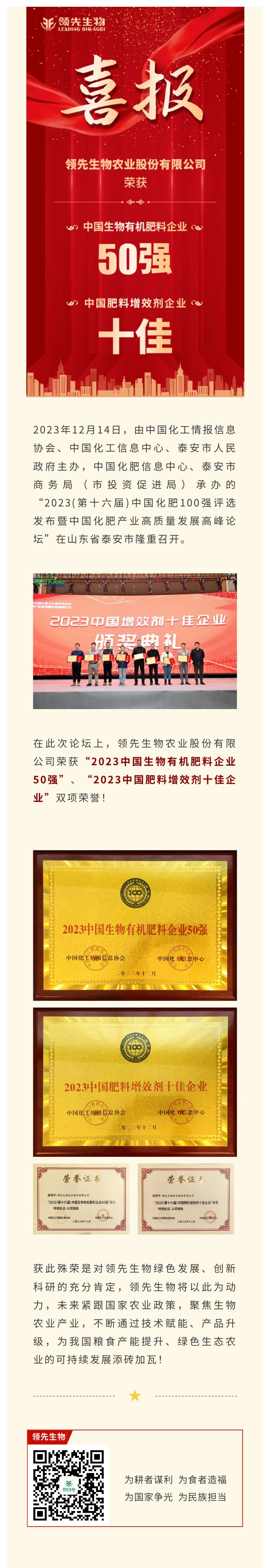 實(shí)力上榜 | 領(lǐng)先生物榮獲2023中國生物有機(jī)肥料企業(yè)50強(qiáng)！中國肥料增效劑十佳企業(yè)！